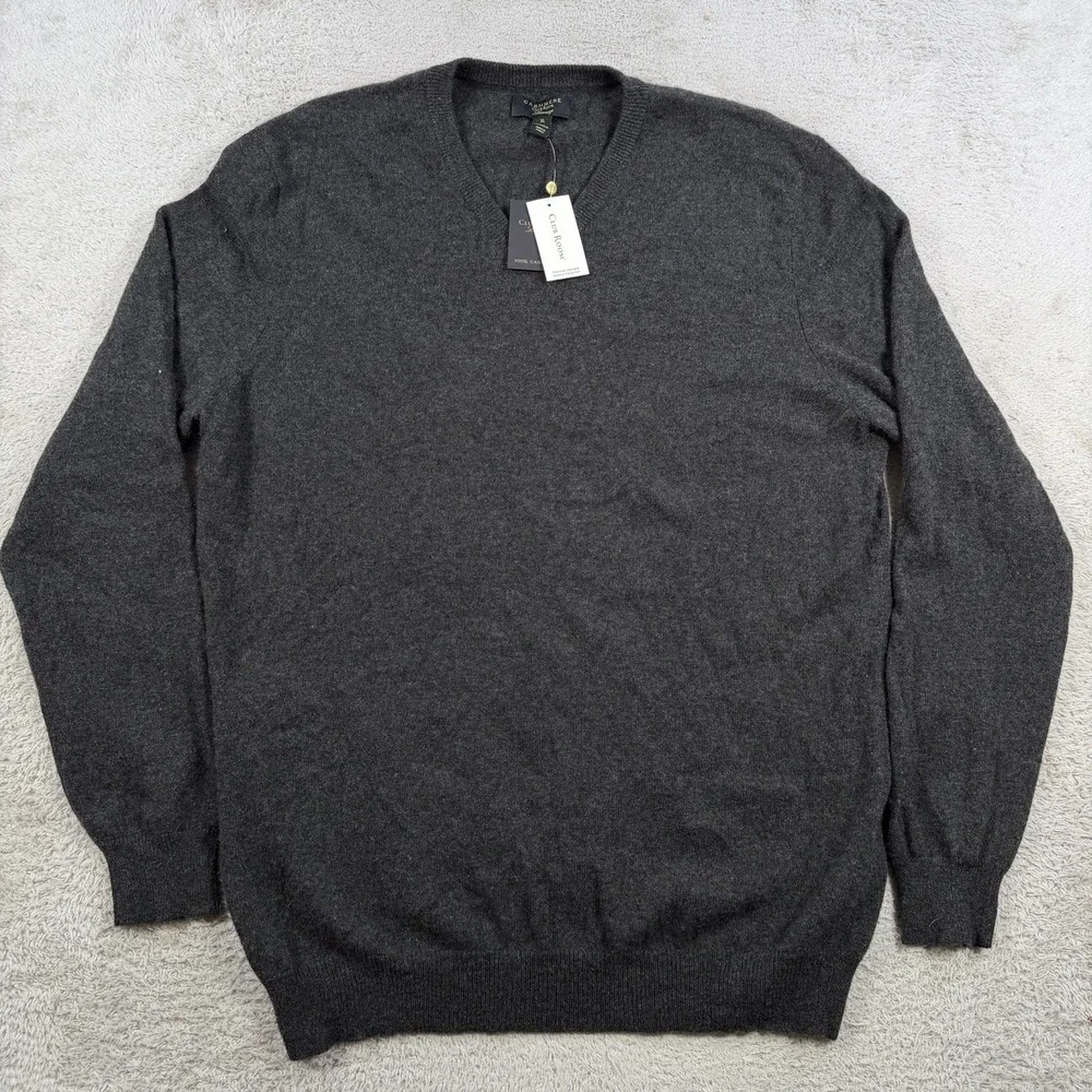 Club Room Sweater Mens XL Dark Grey 100% Cashmere 2 Ply V-Neck Pullover Soft NEW